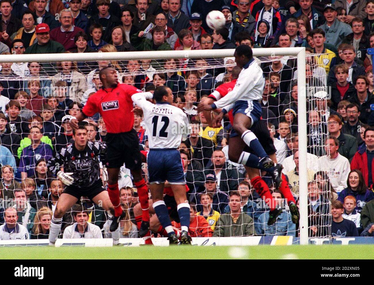 Tottenham Hotspur striker Sol Campbell heads the ball, during an attack ...