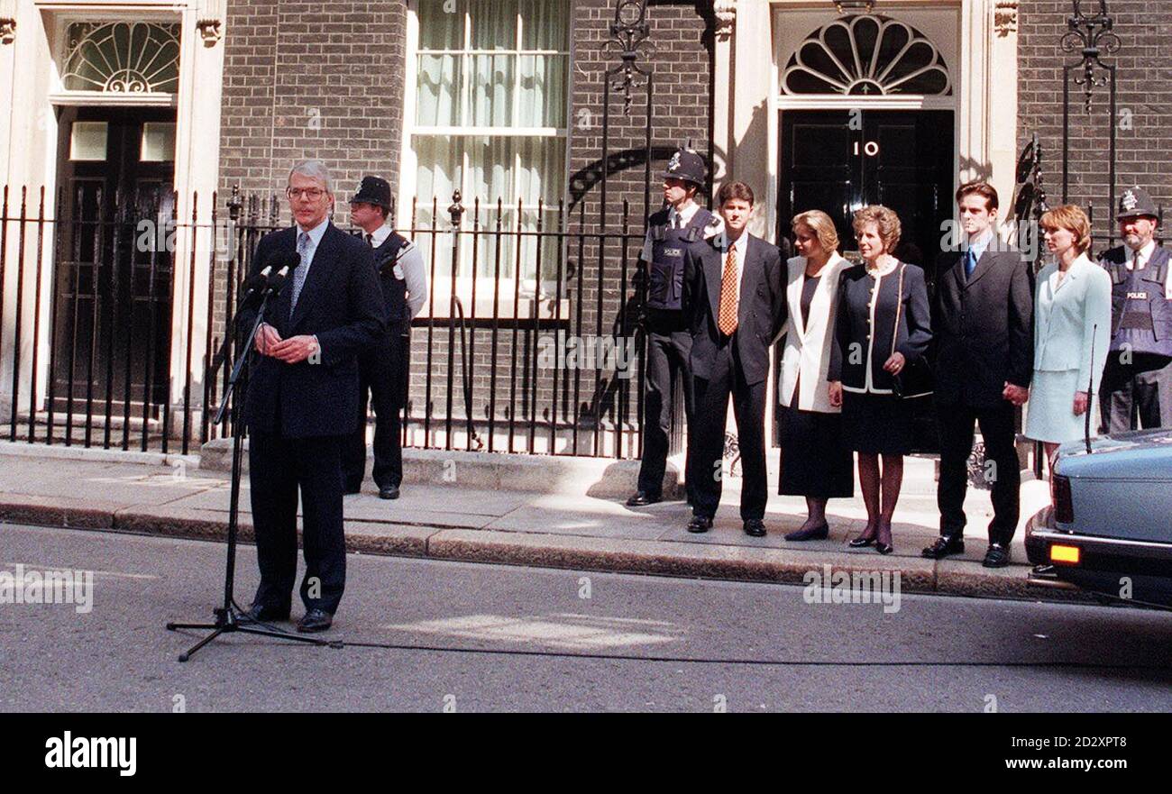 John Major delivers his farewell speech outside No. 10 Downing Street this morning (Friday) during which he announced his resignation as leader of the Conservative Party.  This election saw the Tory's worst defeat since 1832 at the hands of Tony Blair and 'New Labour'.  Picture by Peter Jordan/PA. Stock Photo