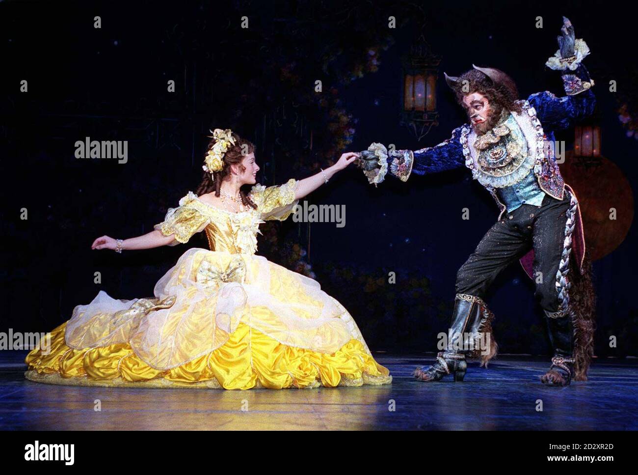 Julie-Alanah Brighten, as Belle, and Alasdair Harvey, as the Beast, in Disney's new musical, Beauty and the Beast, at the Dominion Theatre, today (Thursday). Photo by Peter Jordan. Stock Photo