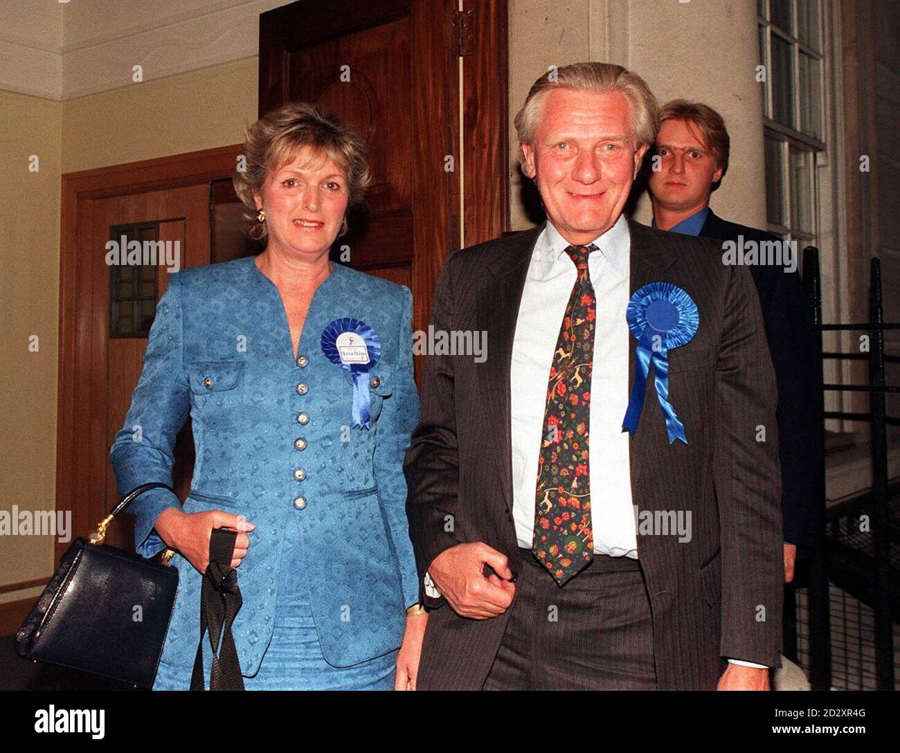 Deputy Prime Minister Michael Heseltine and his wife Anne arrive at the Conservative Party HQ tonight (Thursday), as the Election results start to flood in. Photo by David Giles. See PA Story POLL Heseltine. Stock Photo