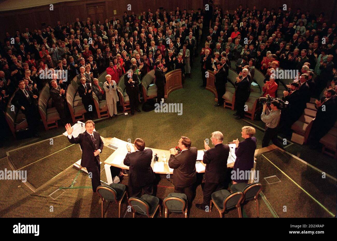 Prime Minister Tony Blair waves after addressing the Parliamentary