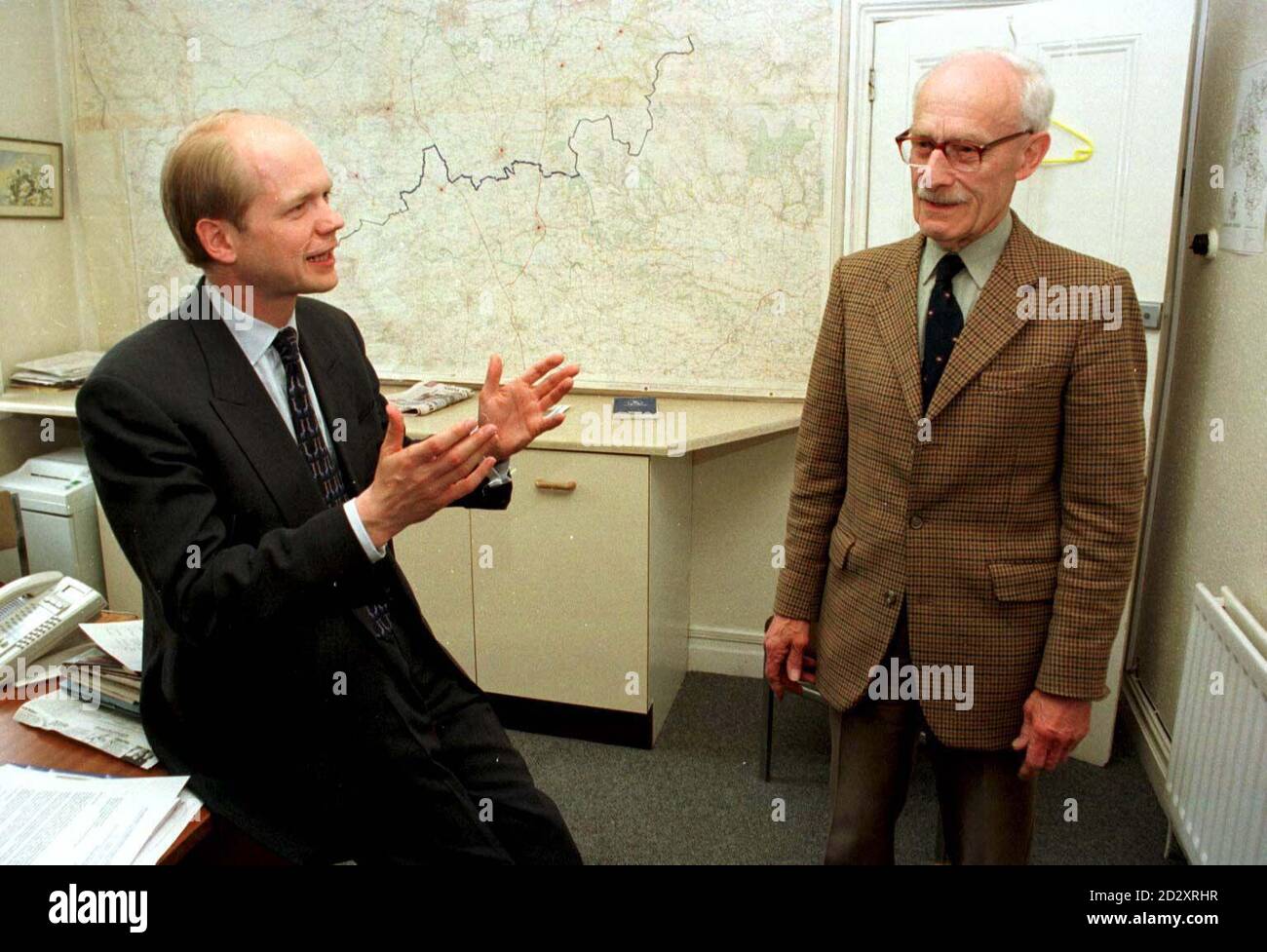 Tory leadership candidate William Hague (left) discusses the launch of his campaign with his agent Rex Marriott (right) in his constituency, North Allerton, N Yorks today (Friday).  Photo by Paul Barker/PA Stock Photo