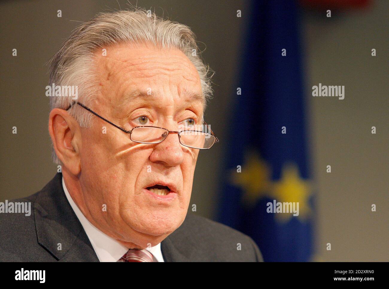 European Commissioner for Taxation and Customs Union Laszlo Kovacs gives a news conference on the proposal of reduced VAT rates at the EU Commission's Headquarters in Brussels July 7, 2008. REUTERS/Sebastien Pirlet   (BELGIUM) Stock Photo