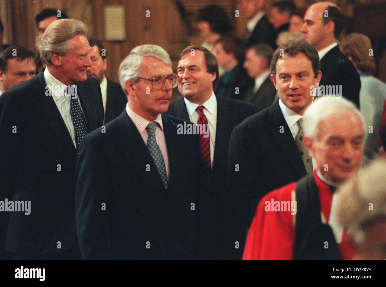 Times Rota Picture by Peter Nicholls. P.M. Tony Blair and John Major, followed by M.Heseltine and J.Prescott in Central Lobby after Queen's Speech at State Opening of Parliament. Stock Photo