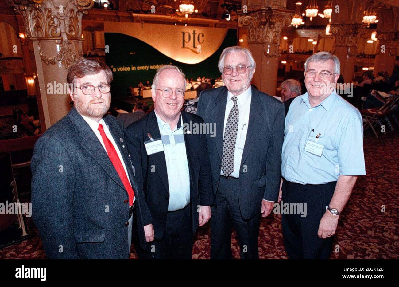 GCHQ union members, who where sacked for their union membership, pictured at the Public Srvices, Tax and Commerce Union Conference at Blackpools Winter Gardens. L to R, Alan Rowland, Mike Grindley, Jack Hart and Clive Lloyd. Staff at the Government's communications base GCHQ have been given the go-ahead to join trade unions today for the first time in 13 years.   Foreign Secretary Robin Cook announced that the Labour Government was lifting the ban on trade unions at the Cheltenham communications centre imposed by the Tory Government in 1984. See PA Story INDUSTRY GCHQ. Photo by Dave Kendall. Stock Photo