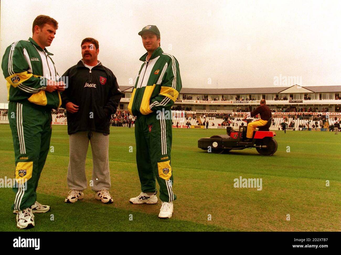 Durham's David Boon (centre), who previously played for Australia, chats to former team mates, Australian captain, Mark Taylor (left) and Steve waugh (right) after the match was cancelled due to a water logged pitch. Photo Owen Humphreys/PA Stock Photo