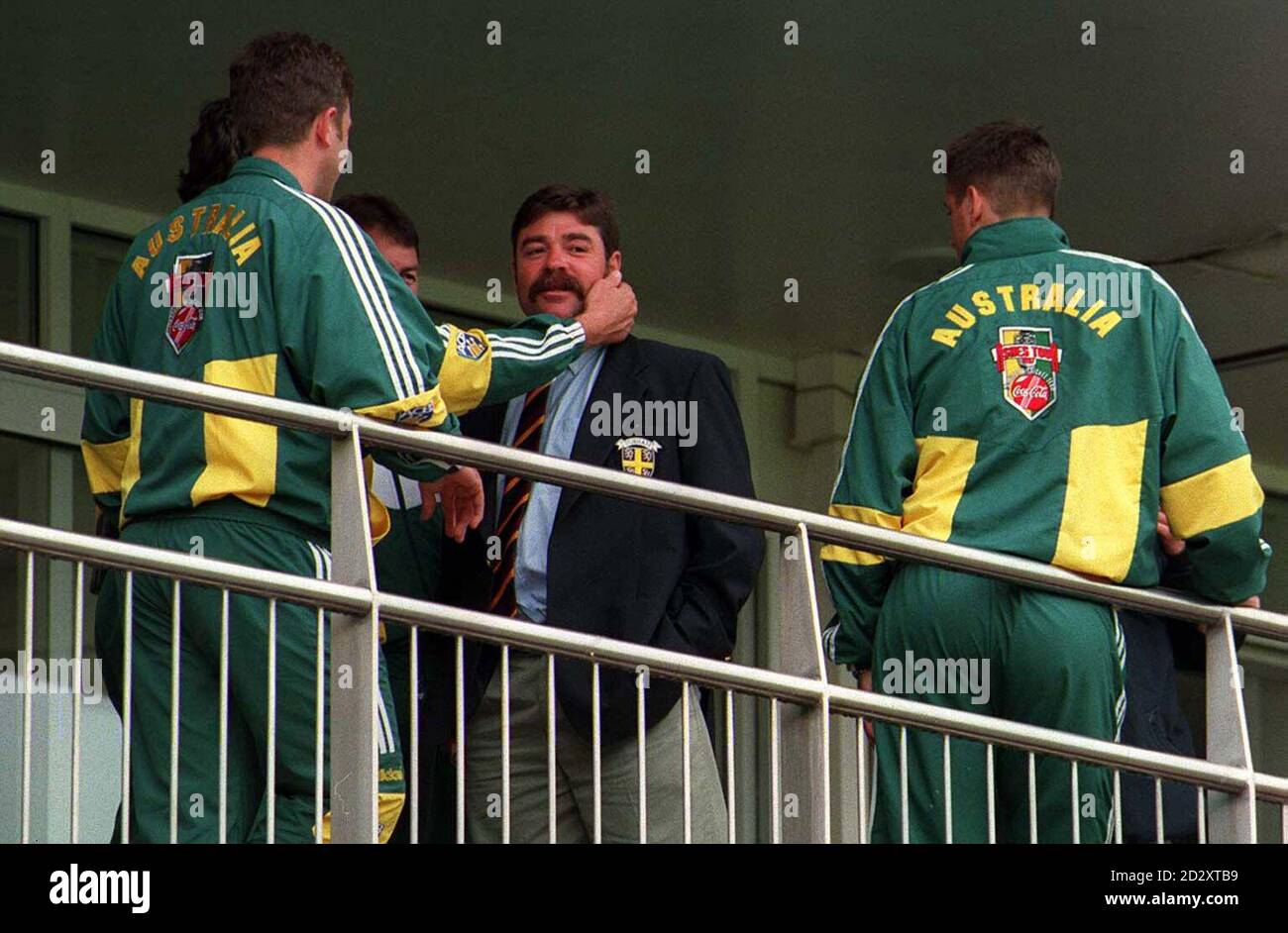 Durham's David Boon (centre), who previously played for Australia, chats to former team mates after the match was cancelled due to a water logged pitch. Photo Owen Humphreys/PA Stock Photo