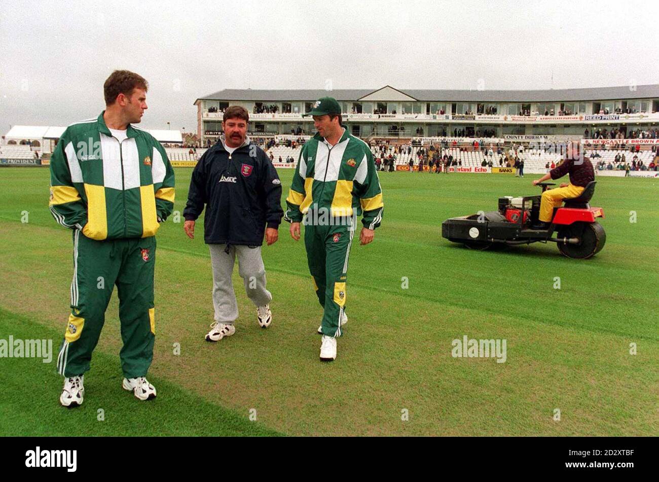 Durham's David Boon (centre), who previously played for Australia, chats to former team mates, Australian captain Mark Taylor (left) and Steve Waugh (right) after their friendly tour match was cancelled due to a water logged pitch. Photo Owen Humphreys/PA Stock Photo