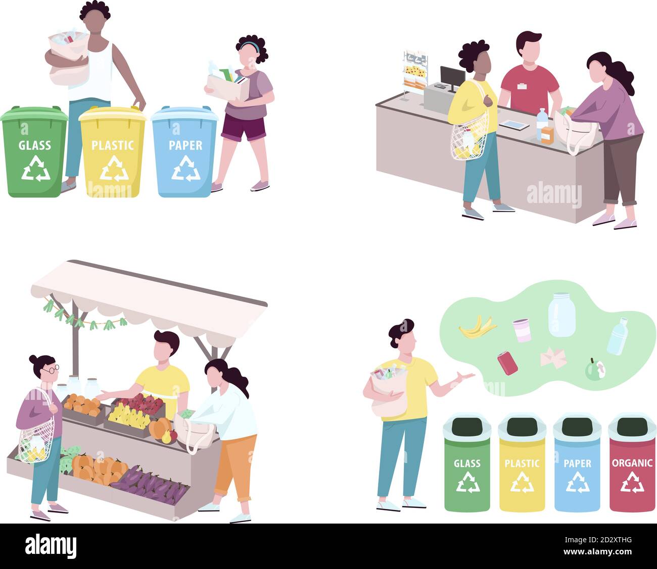 People sorting trash flat color vector faceless characters set. Customers using reusable bags for grocery, making purchases. Zero waste lifestyle Stock Vector