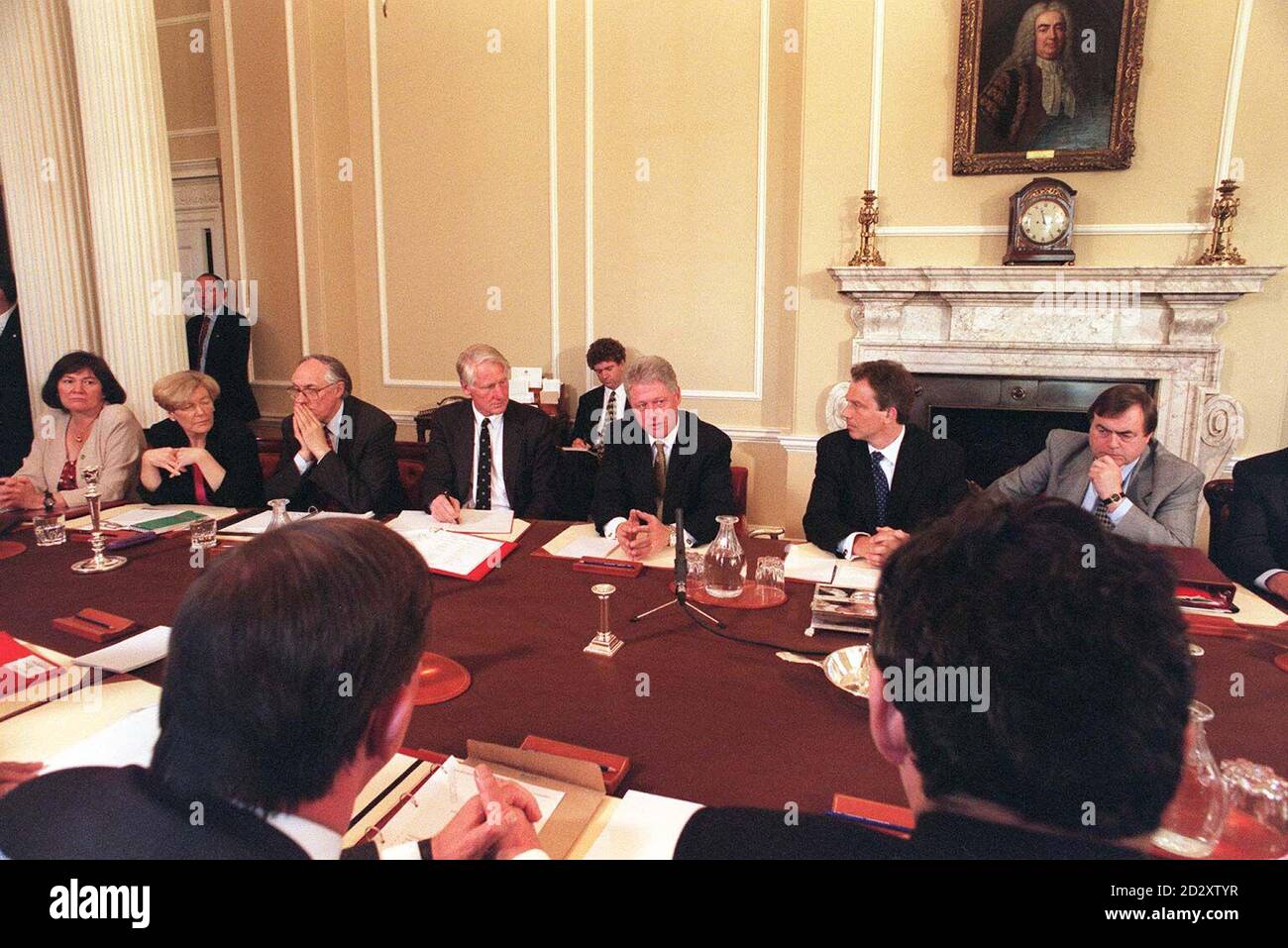 US President Bill Clinton attends a Downing Street cabinet meeting today ((Thursday) during a one-day visit to the UK. From left: International Development Secretary Clare Short, Leader of the House of Commons Ann Taylor, Scottish Secretary Donald Dewar, Cabinet Secretary Sir Robin Butler, President Clinton, Prime Minister Tony Blair, Deputy PM John Prescott. See PA story POLITICS Clinton. WPA Rota Photo by Rebecca Naden/PA Stock Photo