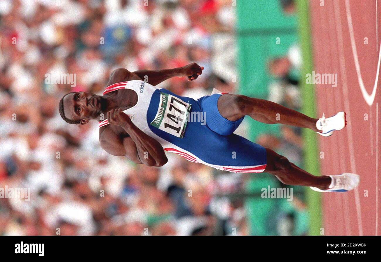 Britain's Linford Christie in action in round 2 of the 200m at the Olympic Stadium, Atlanta.  Christie, who was disqualified from the 100m final, failed to qualify for the semi-finals, coming in fourth.  It was announced at a news conference on 22.5.97 that Mr Christie would wind-up his distinguished athletics career as captain of Britain's team for the June 1997 European Cup in Munich.   *  4/8/99:  It has been confirmed that Christie failed a drugs test at an indoor meeting in Dortmund 13/2/99 Stock Photo