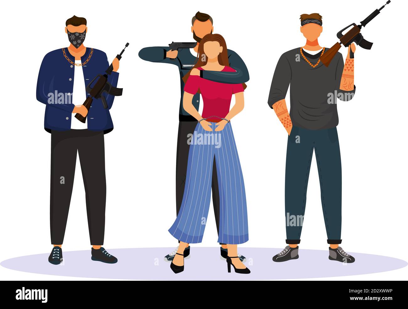 Criminal grouping with tied hostage flat color vector faceless character. Woman seized by armed gangsters. Girl kidnapped by criminals. Isolated Stock Vector