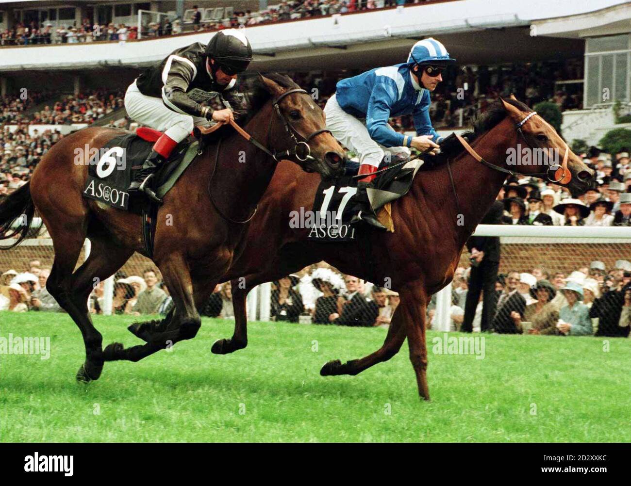 Nadwah (No17), with Richard Hills up, leads to win the Queen Mary Stakes, from 2nd placed Crazee Mental, John Carroll up, at Royal Ascot today (Wed). Photo by Martyn Hayhow/PA Stock Photo