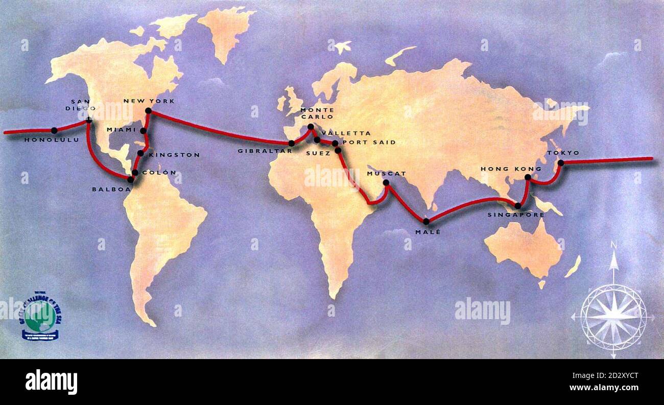 The  proposed route which the Cable and Wireless powerboat will attempt to take, to circumnavigate the globe in less than 80 days - the mythical target set by the Jules Verne novel.  A 100-year-old style hull, designed by 19th century marine engineer Sir Charles Parsons, will form a key part of the  1 million torpedo shaped mono-hull Cable and Wireless, being built in Southampton, project leader Jock Wishart said today (Thursday). See PA Story SEA Record. Stock Photo