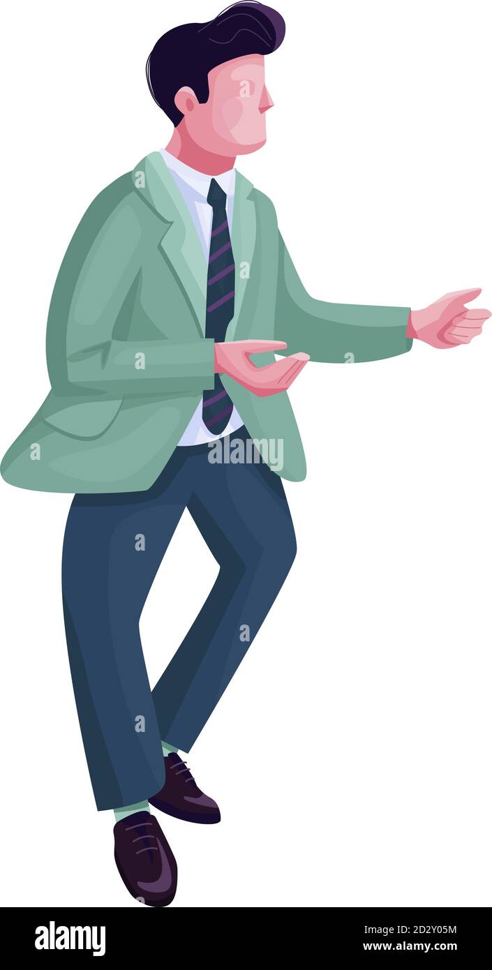 Man dancing twist flat color vector faceless character. Stylish guy in retro costume. Male at retro discotheque party isolated cartoon illustration Stock Vector