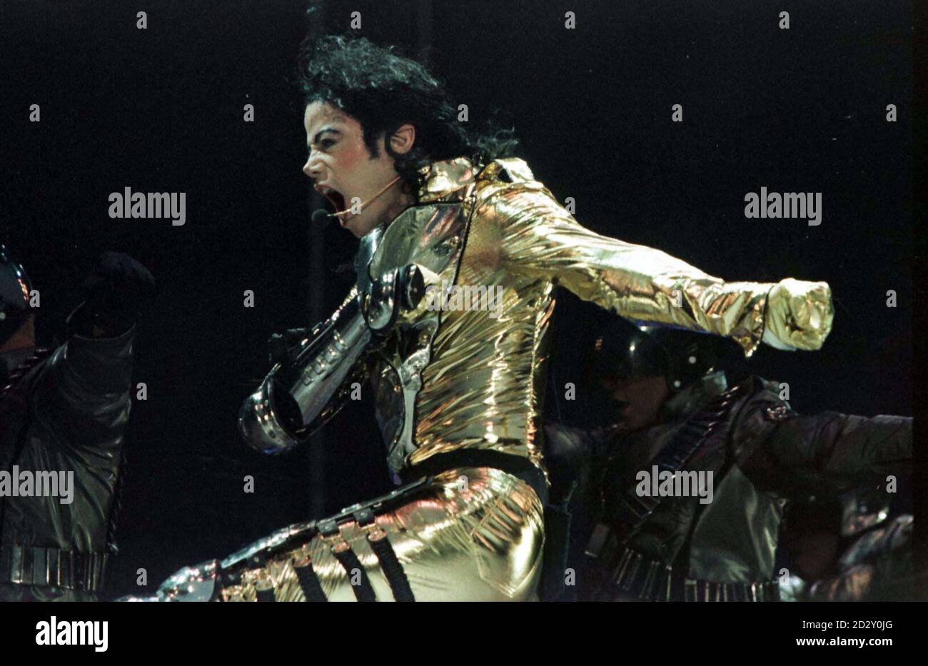 FOR IN CONNECTION WITH COVERAGE OF TONIGHT'S CONCERT (ONE USE ONLY) : American super star Michael Jackson on stage at the Don Valley Stadium, Sheffield, during the first of his concerts this evening (Wednesday). Photo by Owen Humphreys/PA. Stock Photo
