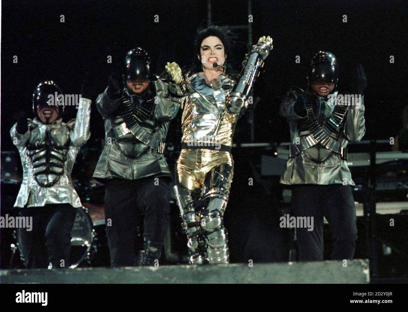 FOR EDITORIAL USE ONLY IN CONNECTION WITH COVERAGE OF TONIGHT'S CONCERT (ONE USE ONLY) : American super star Michael Jackson on stage at the Don Valley Stadium, Sheffield, during the first of his concerts this evening (Wednesday). Photo by Owen Humphreys/PA. Stock Photo