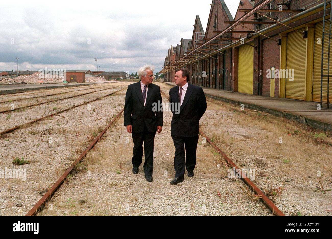 Deputy PM John Prescott talks with York City Council Leader Rod Hills on the site of the old ABB Carriage Works, which is being redeveloped by American rolling stock makers Thrall. See PA story INDUSTRY Rail. Photo by Paul Barker/PA Stock Photo