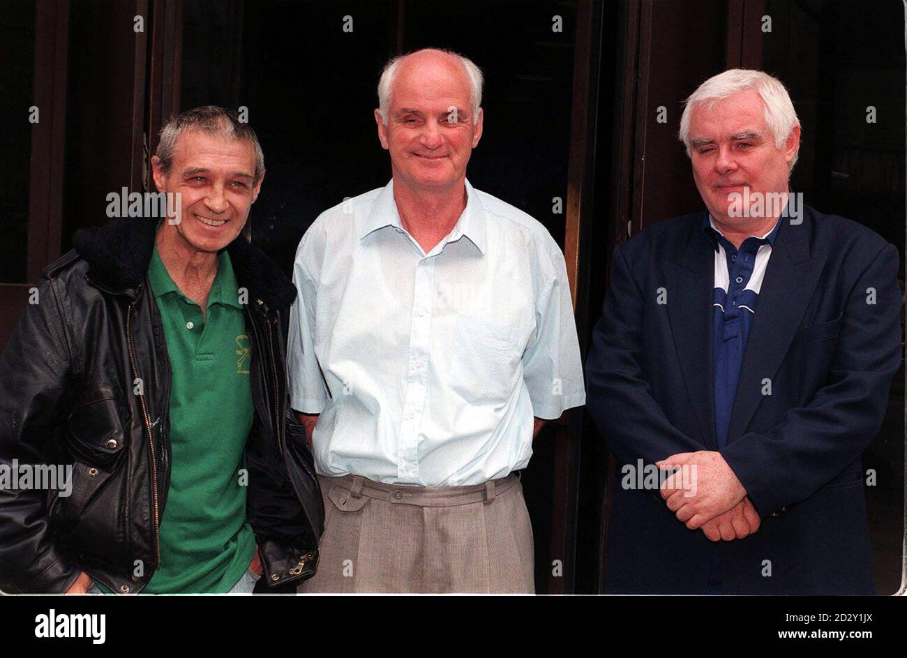 Three of the Birmingham Six, the group wrongly convicted for an IRA pub bombing in 1974 and cleared in 1991 by the Court of Appeal, arrive  at the Home Office this morning (Thursday) to present a letter to Home Secretary Jack Straw requesting final compensation after a six-and-a-half-year battle. (l/r) Paddy Hill, Hugh Callaghan and Billy Power. See PA Story LEGAL Six. Photo by David Westing. Stock Photo