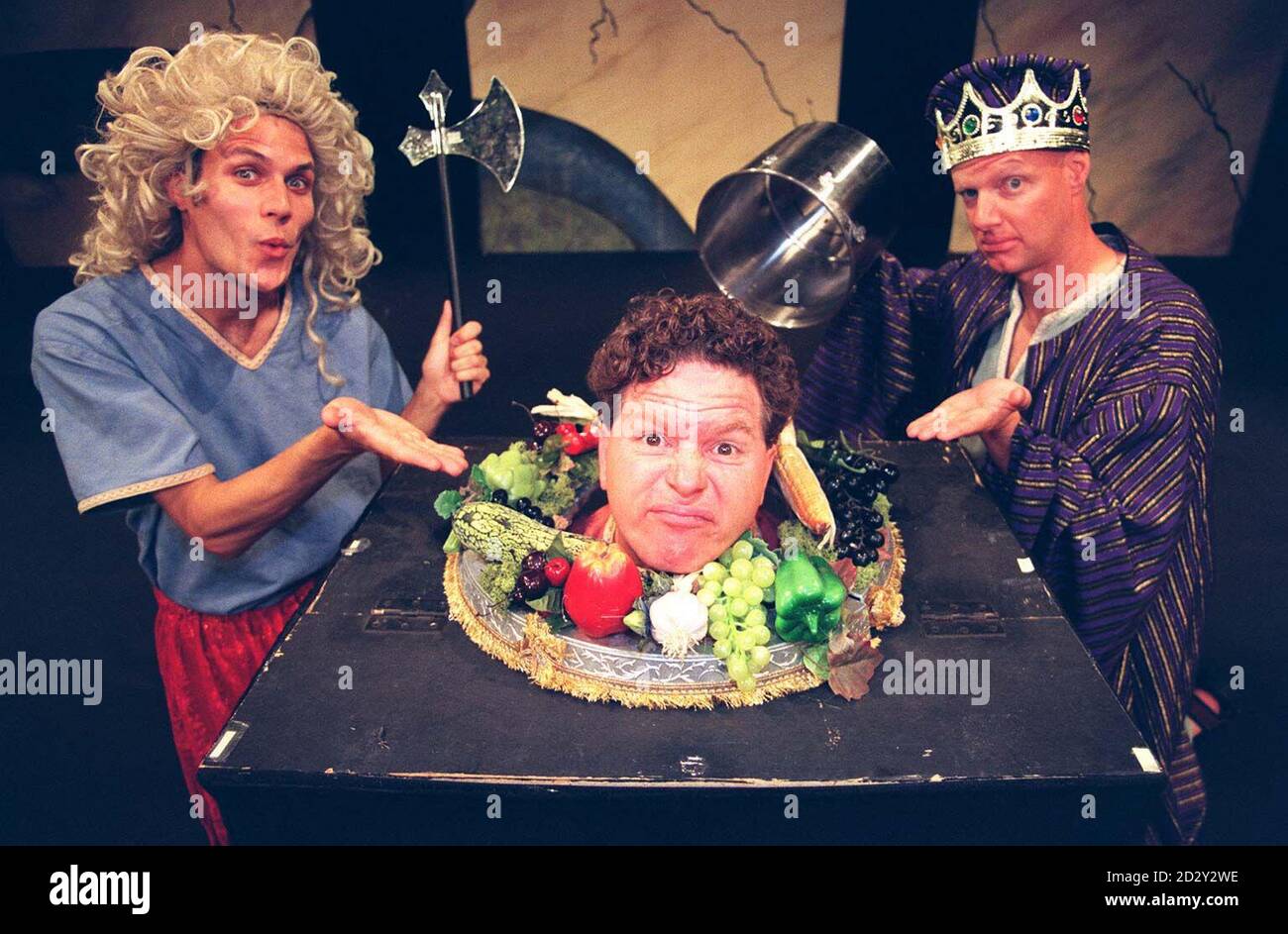 Matt Rippy (left), Austin Tichenor (centre) and Reed Martin act out the John the Baptist scene from the Reduced Shakespeare Company's The Bible today (Monday). To be shown at the Gielguld Theatre, Shaftesbury Avenue. Photo by Matthew Fearn/PA Stock Photo