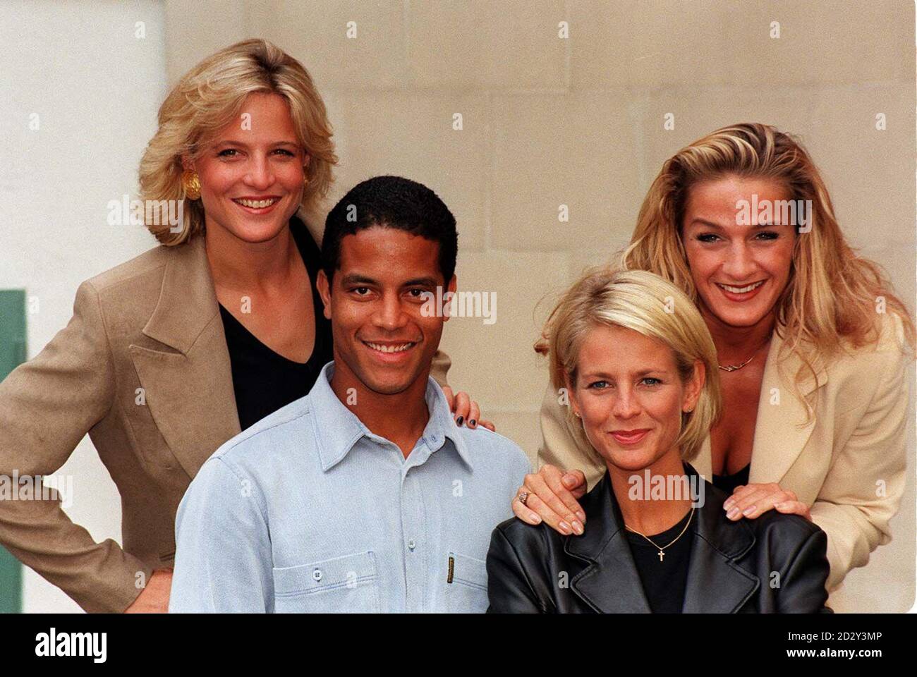 Gladiators presenter Ulrika Jonsson (bottom, right) and her new co-presenter, rugby star Jeremy Guscott, in London today (Thursday) with new Gladiator stars, Gold (top, left) and Fox, to launch the new series of Gladiators, which transmits on Saturday, September 6, 1997, on the ITV Network. Photo by Simon Roberts. Stock Photo