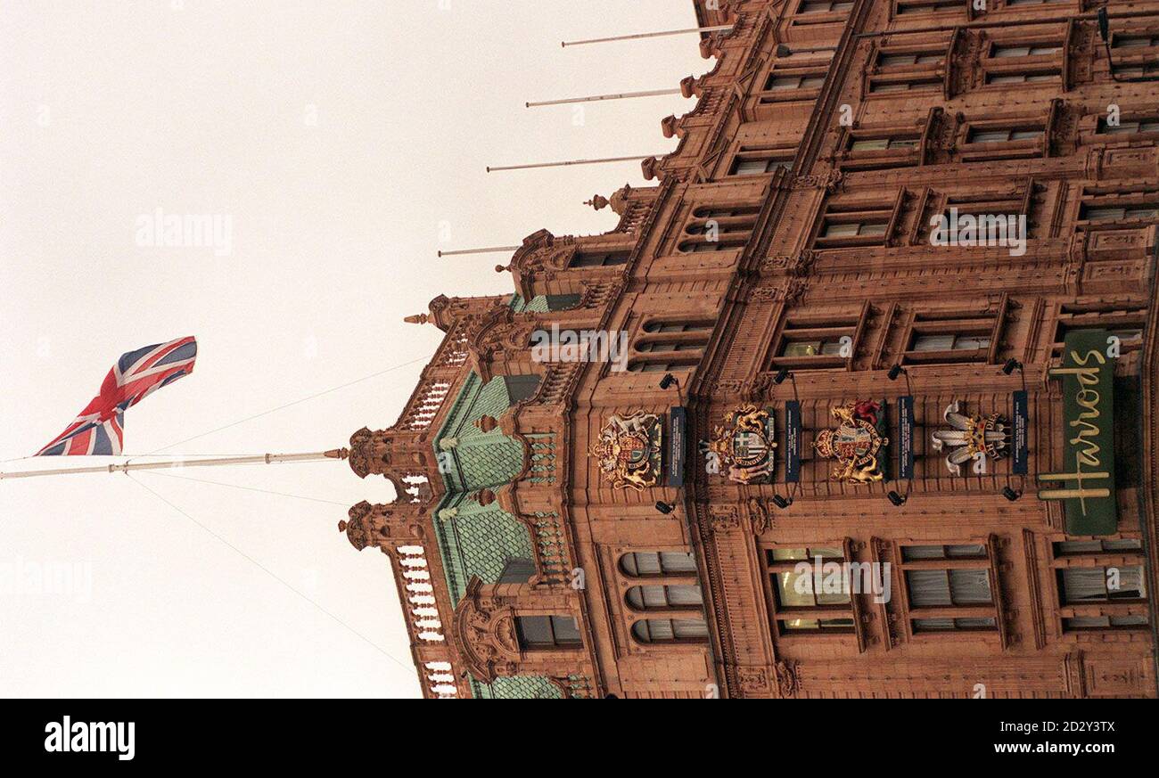 The flag flies at half-mast over the Harrod's store in London, following the death of Diana the Princess of Wales and her friend Dodi Fayed, son of the owner of the store, Mohammed al Fayed, in a car crash in Paris. The driver of the car was also killed.   * 13/01/2000:  Buckingham Palace announced that the Duke of Edinburgh was not renewing his given royal warrant because of a 'significant' decline in the trading relationship between the Duke's household and Harrods. Stock Photo