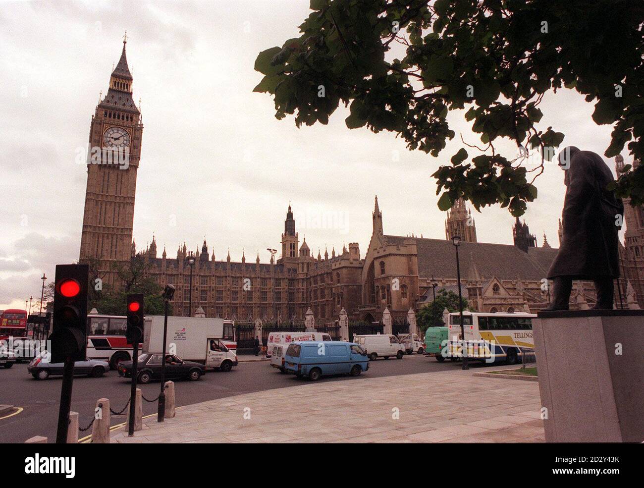 The statue of Winston Churchill (right) over-looking the Houses of Parliament in London - one of the landmarks the cortege of Diana, Princess of Wales will pass during its journey to her final resting place at her family seat at Althorp in Northamptonshire following her funeral at Westminster Abbey on Saturday.  See PA story DIANA Route.  Photo by Michael Stephens/PA Stock Photo