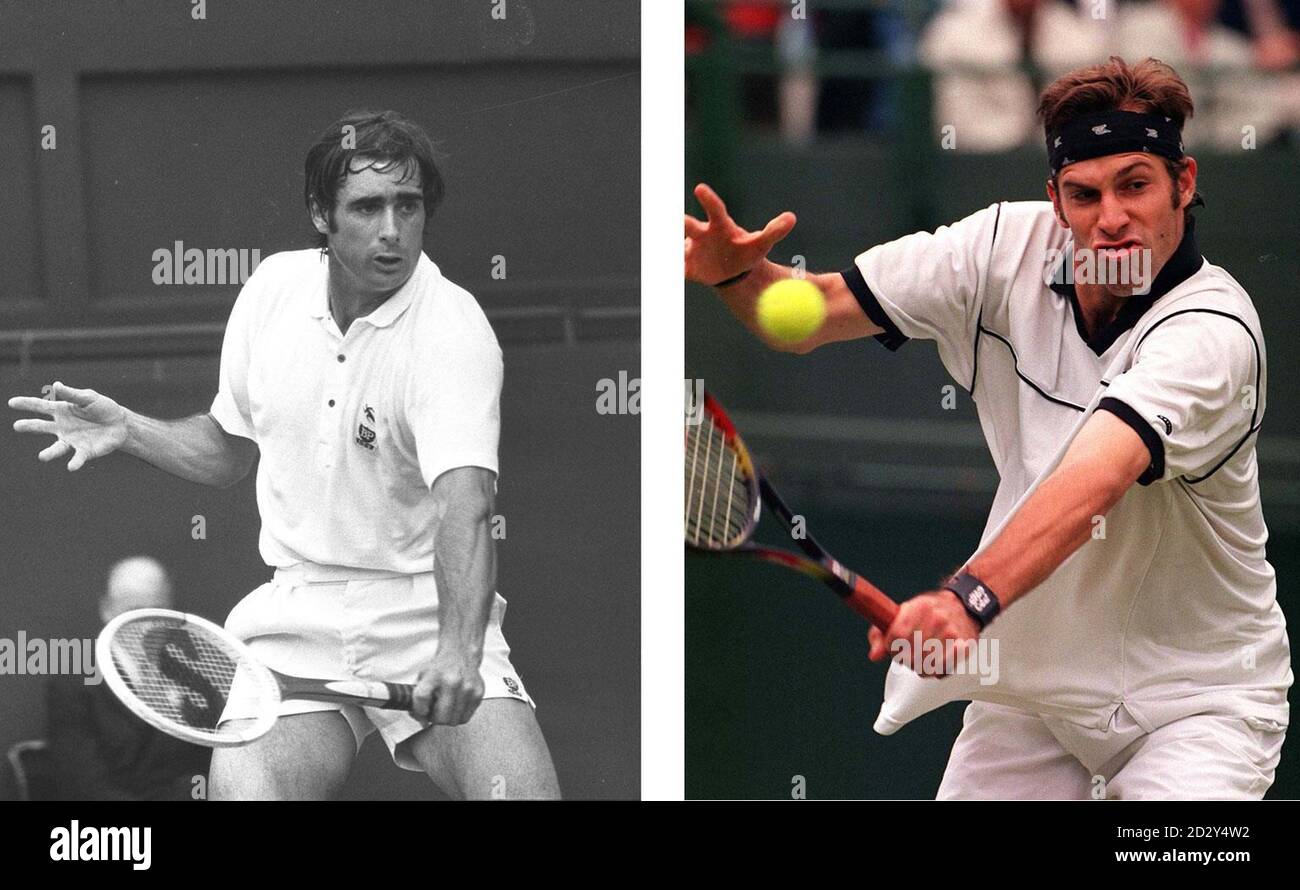 Library filers dated 28.6.73 of '70's British tennis star, Roger Taylor (left) and the British hope of the 90's, Greg Rusedeski dated 28/6/97.  Rusedski, having reached the semi-finals of the Samsung Open at Bournemouth last week, officially moved to No 10 in the ATP world rankings today (Monday), thus erasing Roger Taylor's 24-year-old British record.  Taylor achieved the No 11 spot in September, 1973.  But Rusedski is the first British player to achieve a top 10  since the rankings began 24 years ago. See PA story TENNIS Rusedski. PA Photos. Stock Photo