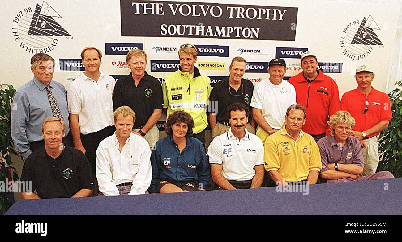 Whitbread Round the World Yatch race, Left to Right of the Captains, standing Ian Bailey-Willmot Race Director, Gunnar Krantz, Swedish Match. Jim Allsopp, Chessie Racing. Knut Forstad, Innovation Kvaerner. George Collins, Chessie Racing. Grant Dalton, Merit. Dennis Conner Toshiba. Chris Dickson, Toshiba.   Sitting.  Mark Fischer, Chessie Racing. Hans Bouscholte, Brunel Sunergy. Christine Guillou, EF Education. Paul Cayard, EF Language. Ross Field, America's Challenge. Lawrie Smith, Silk Cut during today's press conference in Southampton.  Photo by Tim Ockenden /PA Stock Photo