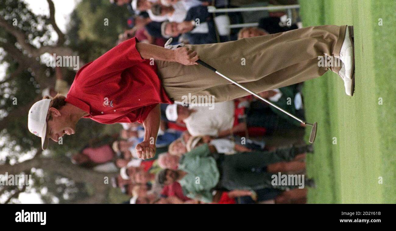 American Brad Faxon celebrates defeating Nick Faldo and Lee Westwood