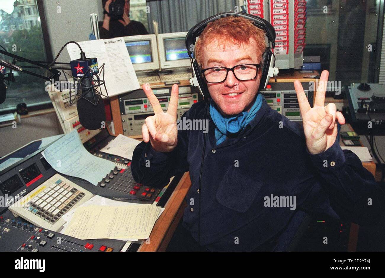 Former BBC Radio 1 DJ Chris Evans sent his new Virgin Radio bosses frantic  today - coolly arriving for his new job less than five minutes before going  on air at 7am