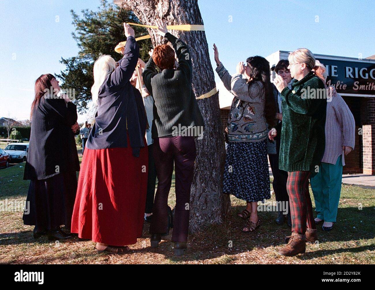 Supporters of Louise Woodward tie a yellow ribbon to a tree in the centre of Elton Village, Cheshire, today (Friday). Ms Woodward was found guilty of the second degree murder of nine-month-old Matthew Eappen and faces a sentence of life without parole for at least 15 years. Photo by Dave Kendall/PA. See PA story COURTS Nanny Stock Photo