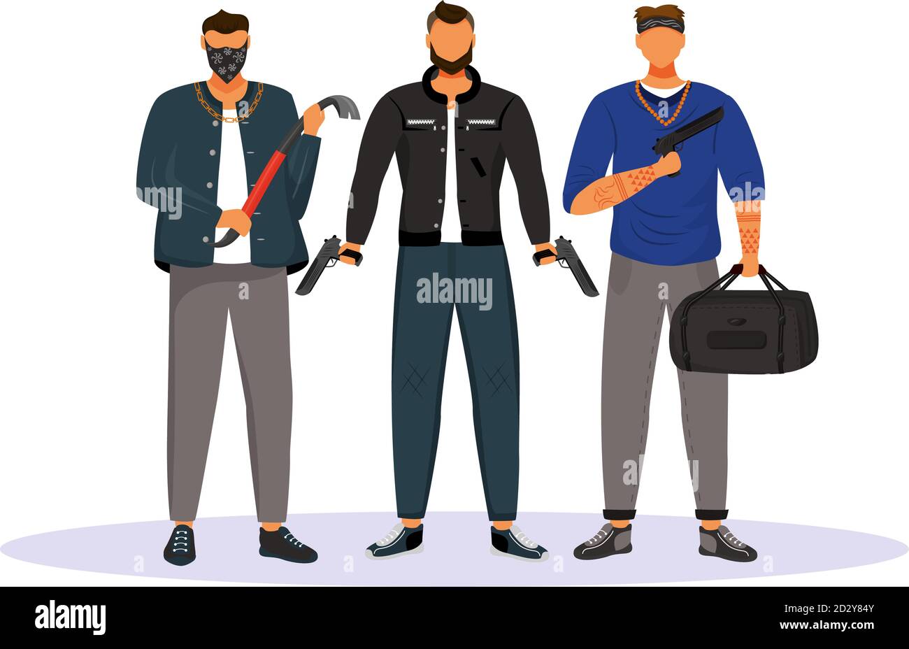 Group of gangsters flat color vector faceless character. Men with crowbar and handguns. Mob members with weapons. Criminals with guns. Criminal Stock Vector