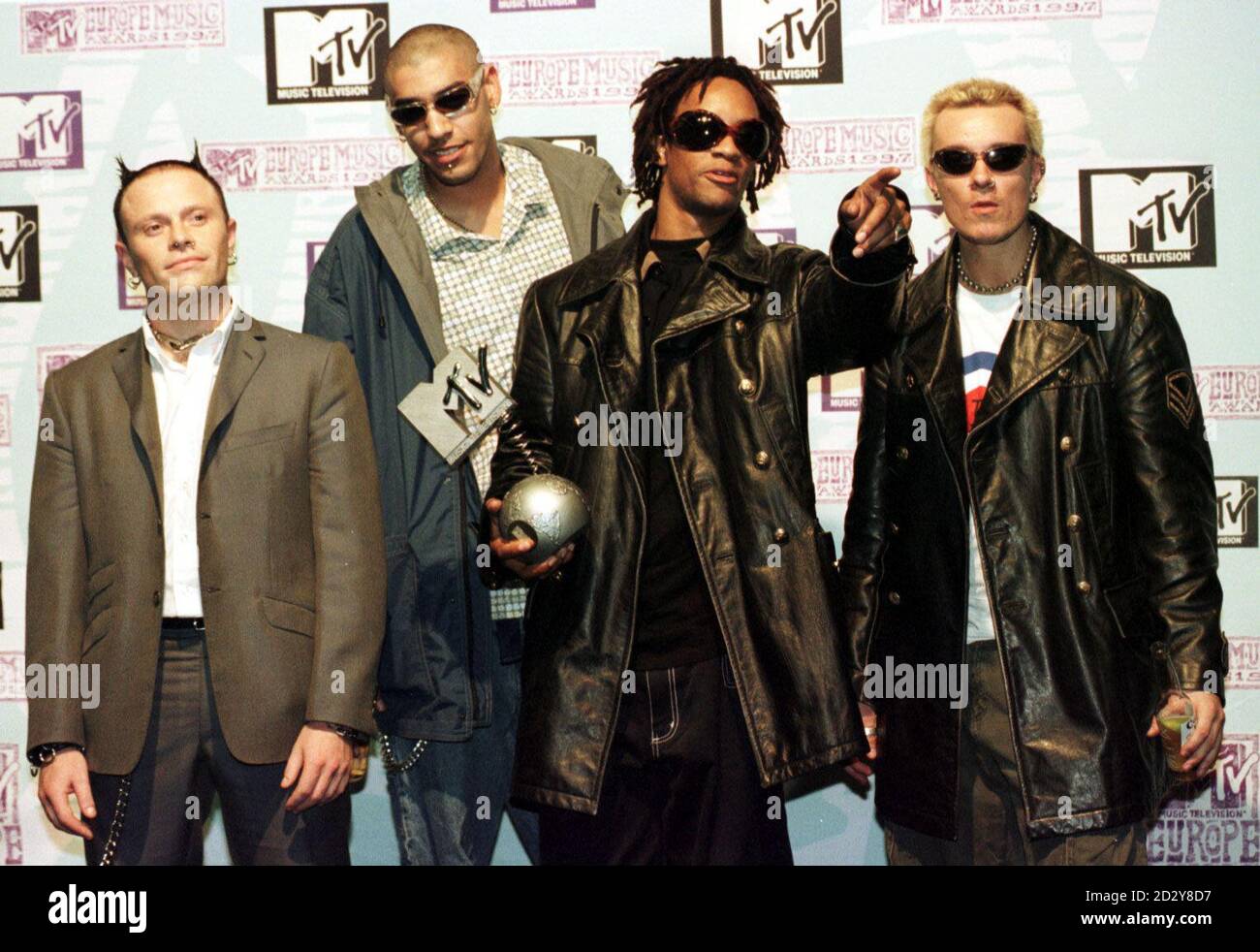 Three-time winners The Prodigy, backstage at the MTV Europe Music Awards ceremony in Rotterdam where they wer presented with awards for Best Dance Act, Best Alternative Act and Best Video.   * (L-R) Keith Flint, Leeroy Thornhill, Maxim Reality (aka Keith Palmer) and Liam Howlett. Stock Photo