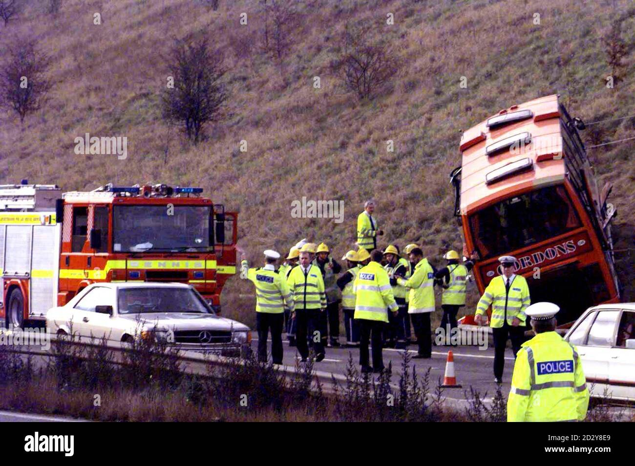 The scene of a coach crash on the M1 between Coalville and Loughborough shortly after 9.20 am this morning (Friday). Twelve children were injured when the coach taking them on a junior school outing crashed through the central reservation of a motorway. See PA Story ACCIDENT Coach. PA Photos. Stock Photo