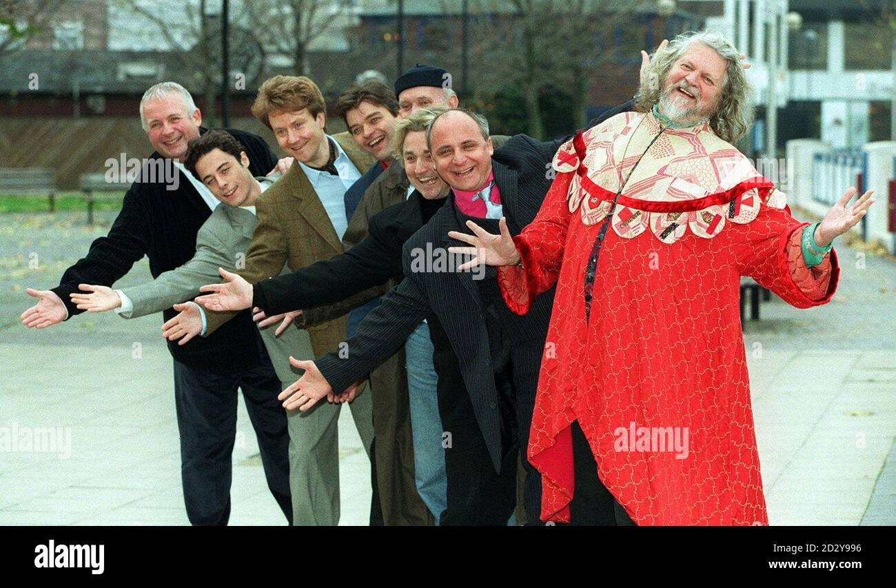 Up for sale eight of the eligible bachelors, Christopher Biggins (left to right), Justin Etzin, Ian Wisniewski, Lord Porchester, Tom Gilbey, David Emanuel, Aldo Zilli and the Marquis of Bath who will be auctioned to raise money for the National Playing Fields Association, this evening (Tuesday).  Photo by Michael Crabtree/PA. Stock Photo