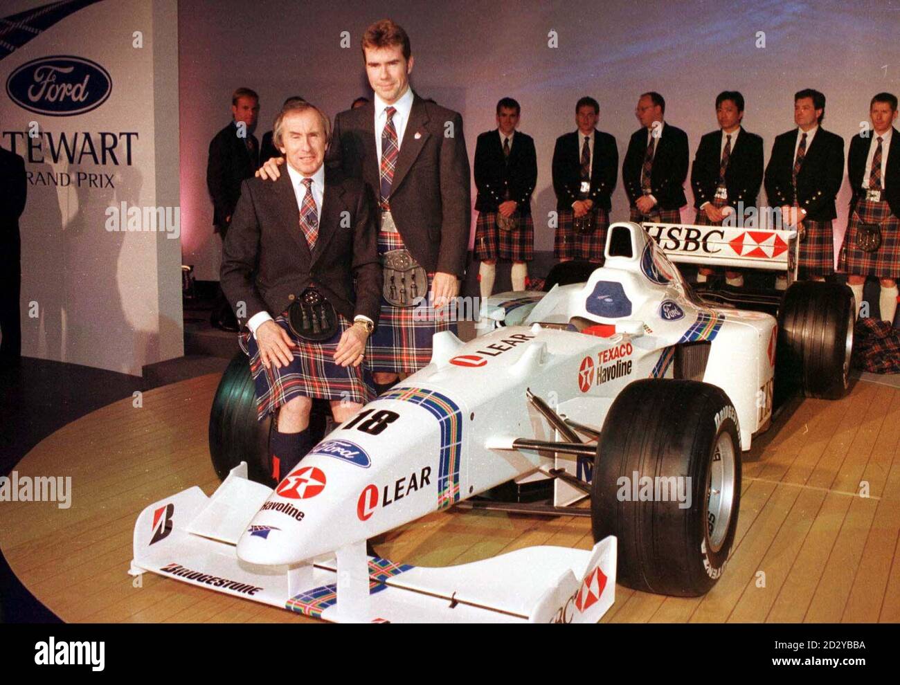 The Stewart Ford new SF2 car, with Jackie Stewart and son Paul 