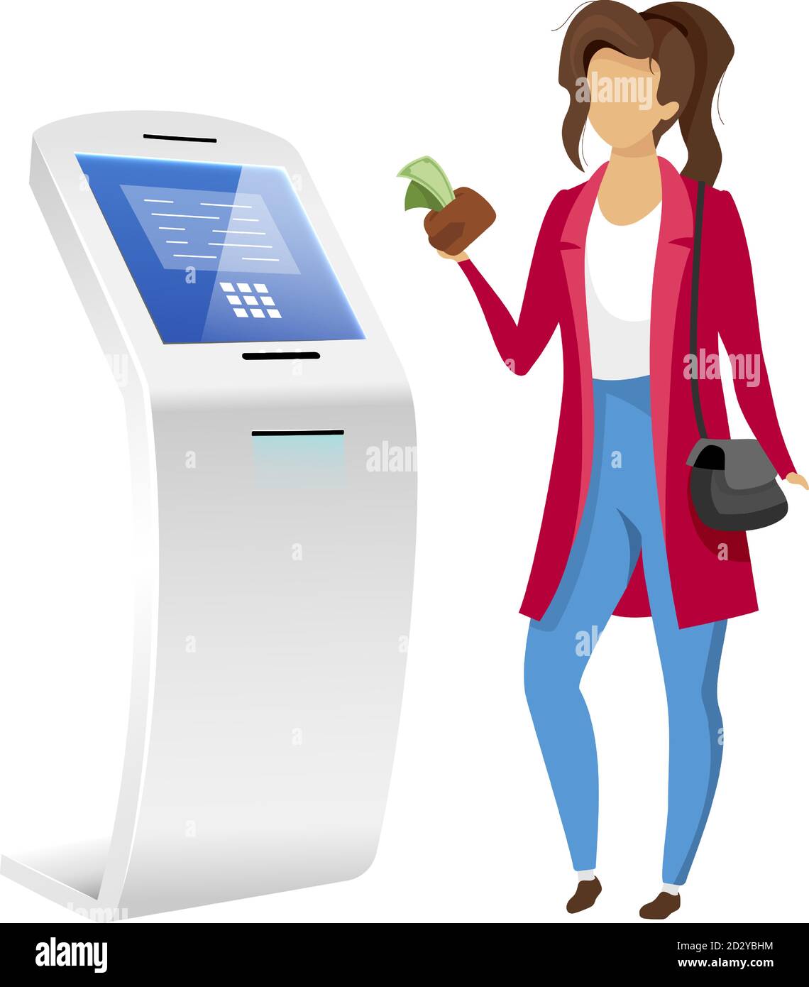 Woman using bank terminal flat color vector faceless character. Girl with money near automated teller machine isolated cartoon illustration on white Stock Vector