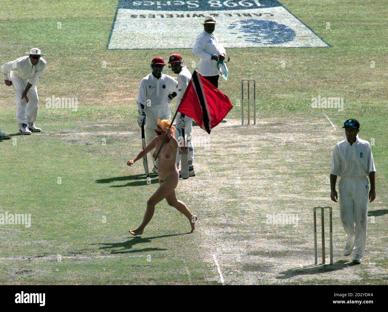A streaker, during the first day of the 3rd Test at the Queen's Park Oval, Trinidad today (Friday). Picture By Rebecca Naden/PA/*EDI* Stock Photo