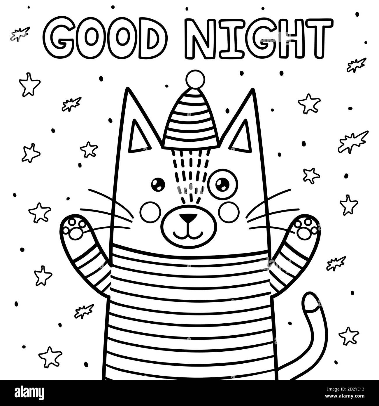 Good night coloring page with a funny cat. Black and white background Stock Vector