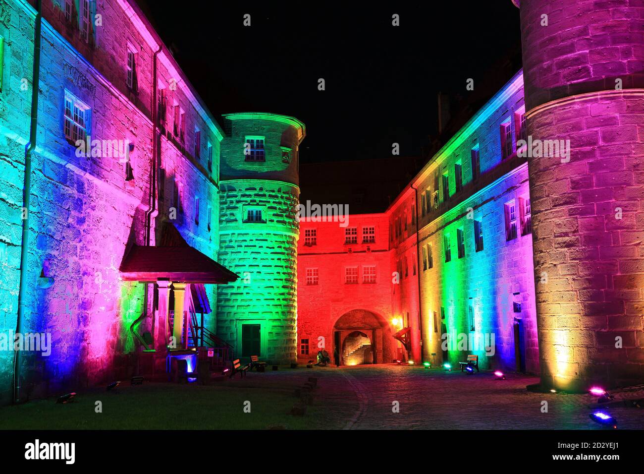 Burg Veste Kronach, illuminated at the annual event Kronach shines, Upper Franconia, Germany  /  Burg Veste Kronach, illuminiert bei der jährlichen Ve Stock Photo