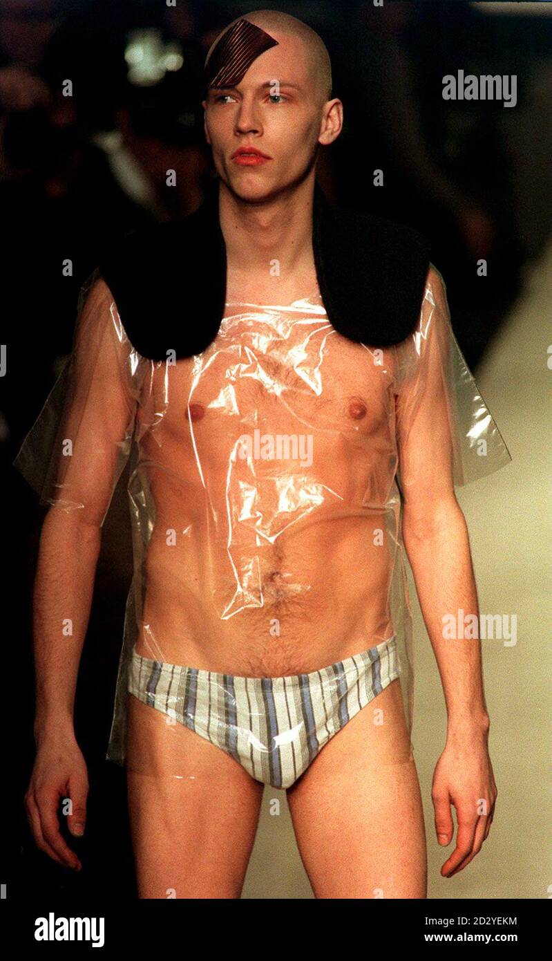 PA NEWS PHOTO 26/2/98  THE CENTRAL ST. MARTIN'S SCHOOL OF ART & DESIGN, LONDON STUDENTS SHOW ON THE FINAL DAY OF FASHION WEEK HAS A MODEL WEARING A PAIR OF Y-FRONTS Stock Photo