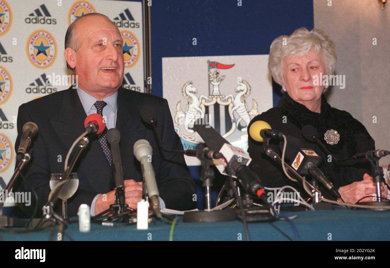 Sir John Hall with wife Lady Mae during a news conference today (Tuesday) where he resumed his position as Chairman of Newcastle United, after his son Douglas hall and ex chairman Freddy Shepherd resigned last night. PHOTO OWEN HUMPHREYS/PA. See PA story soccer Newcastle Stock Photo