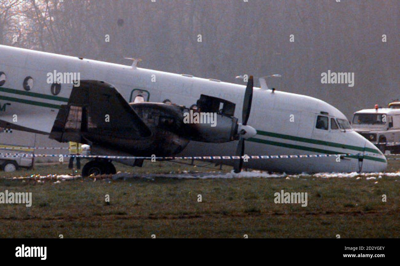 The Emerald Air plane which was carrying the Leeds United football team back to Yorkshire aborted its flight making an emergency stop at Stansted shortly after taking off in the early hours of this morning and the fire damage to the right-hand engine can be seen in the morning light today (Tuesday).  See PA Story LEEDS Air.  Photo by Sean Dempsey/PA/EDI Stock Photo