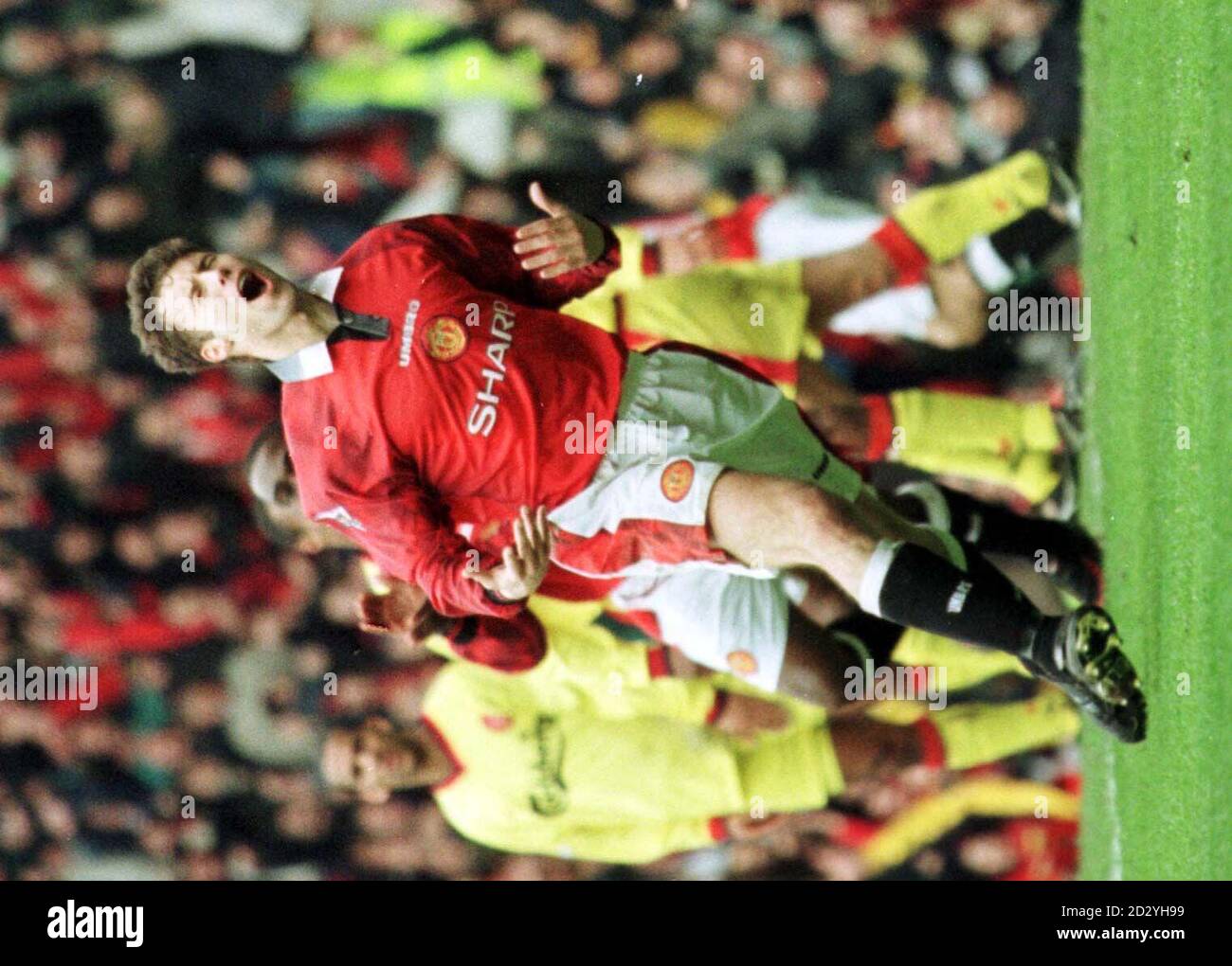 Manchester Utd's Ronny Johnsen celebrates his early goal in the crucial Premiership match with Liverpool at Old Trafford today (Friday) PHTO OWEN HUMPHREYS/PA Stock Photo