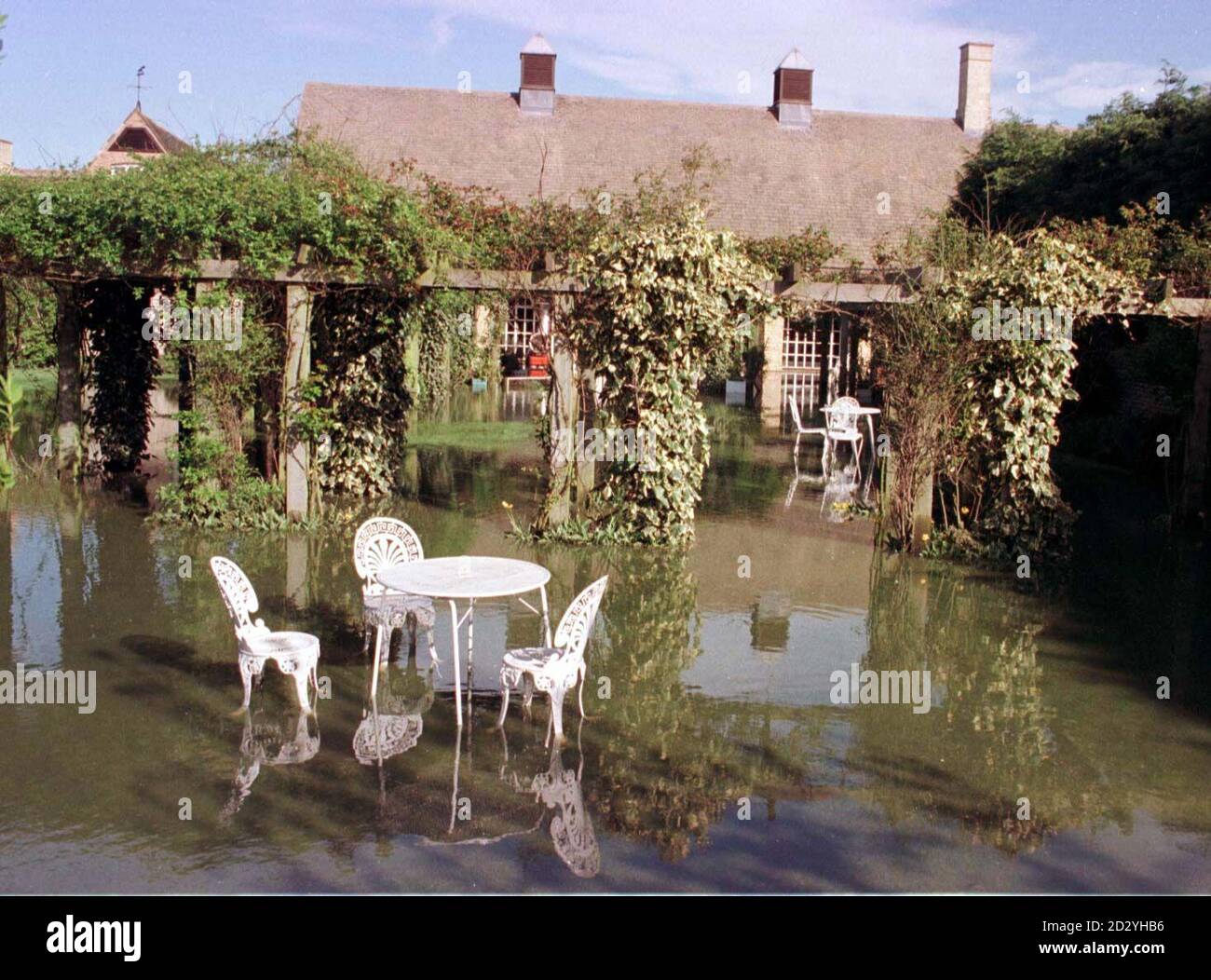 A beer garden under water in Clapham, Bedford today (Monday) following heavy rain over the last few days. Photo by Michael Stephens/PA. See PA story WEATHER Easter Stock Photo