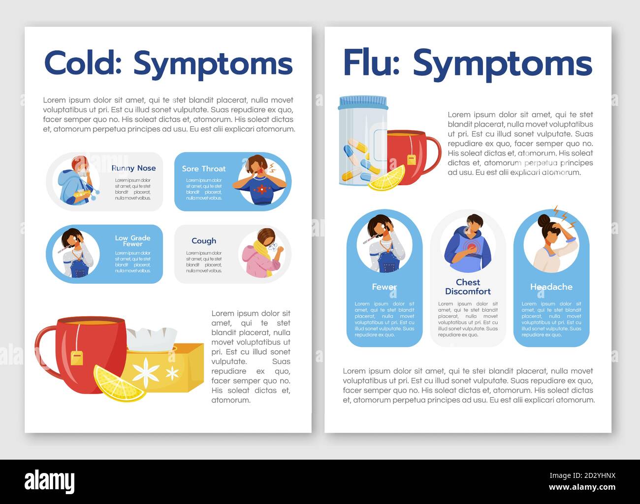 Common cold and flu virus symptoms flat vector brochure template. Flyer Common cold and flu virus symptoms flat vector brochure template. Flyer