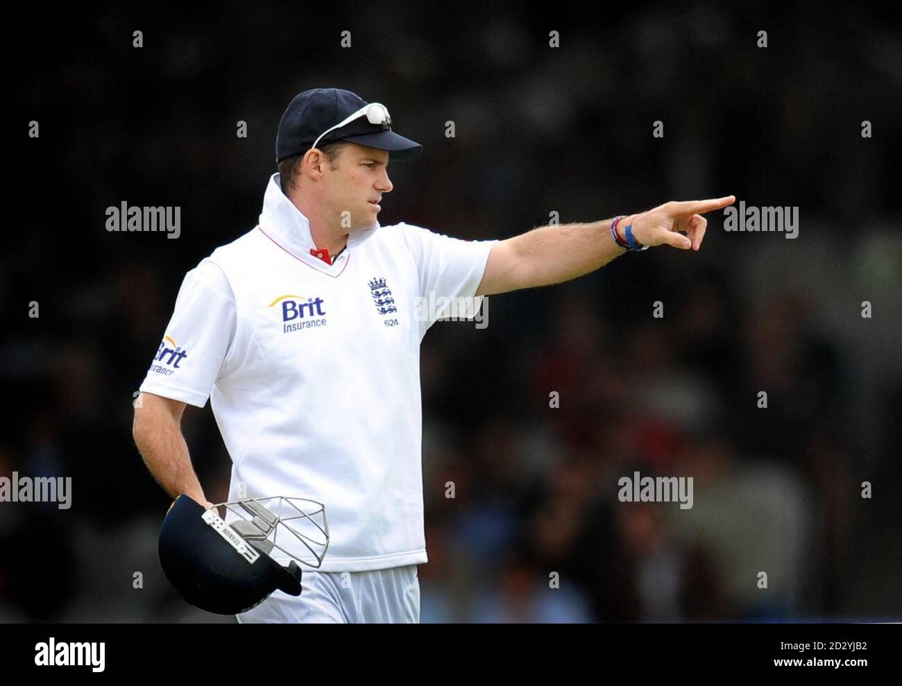 England captain Andrew Strauss places his fielders during the Second ...