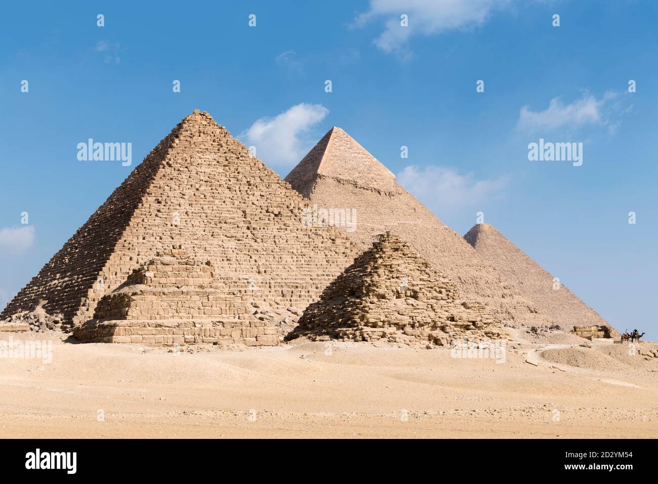 The three main pyramids with two of the three queen's pyramids, Giza, Egypt Stock Photo