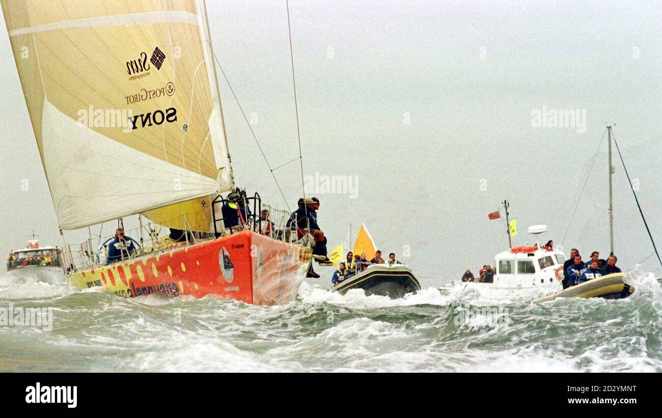EF Language overall winner of the Whitbread Round the World Race gathers an escort as she sails up the Solent on the last leg of the race today (Sunday).  Photo by Tim Ockenden/PA Stock Photo